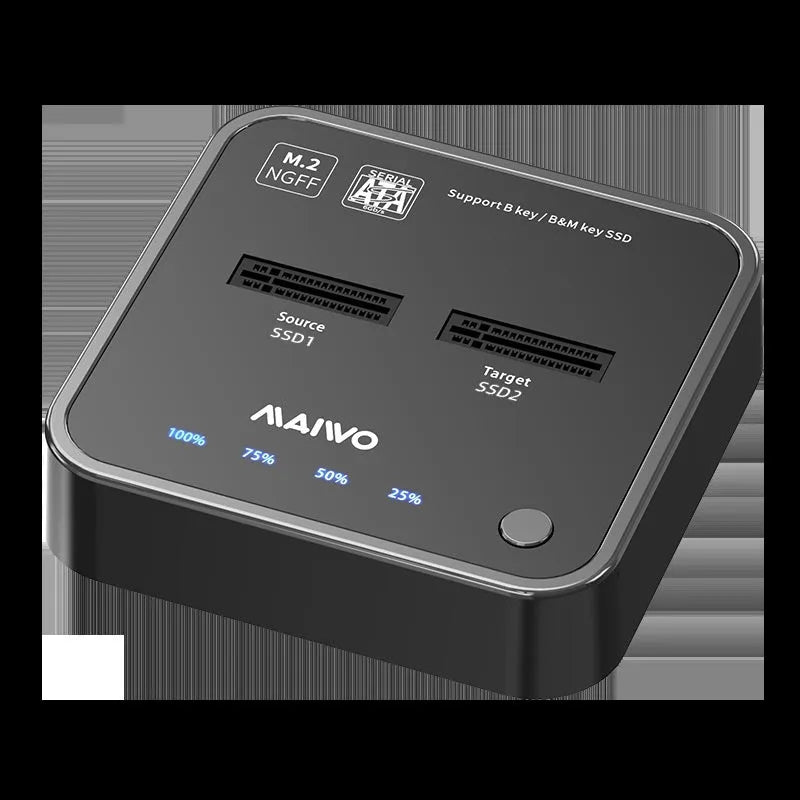 MAIWO K3016 M.2 solid state drive cloning dock with cables and power adapter on a desk