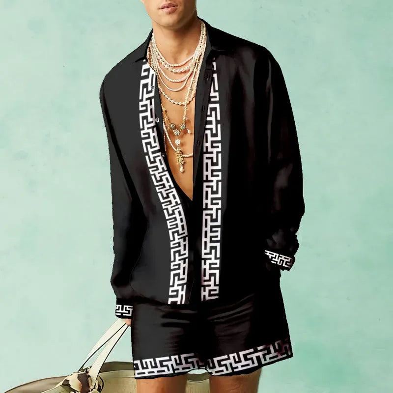Men's loose fit slim style long sleeve shirt and matching shorts set on a hanger.