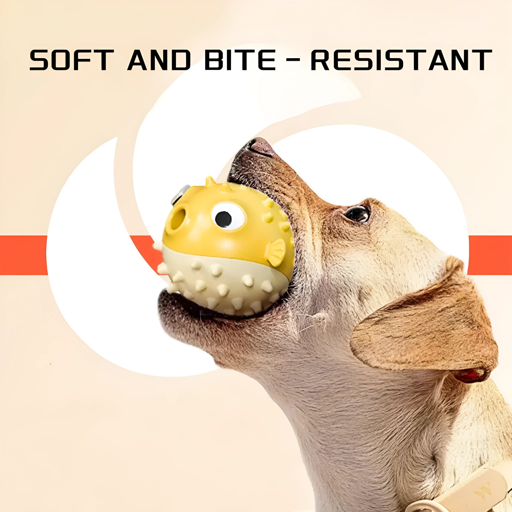 Yellow fish-shaped dog chew toy with convex texture and squeaker for aggressive chewers