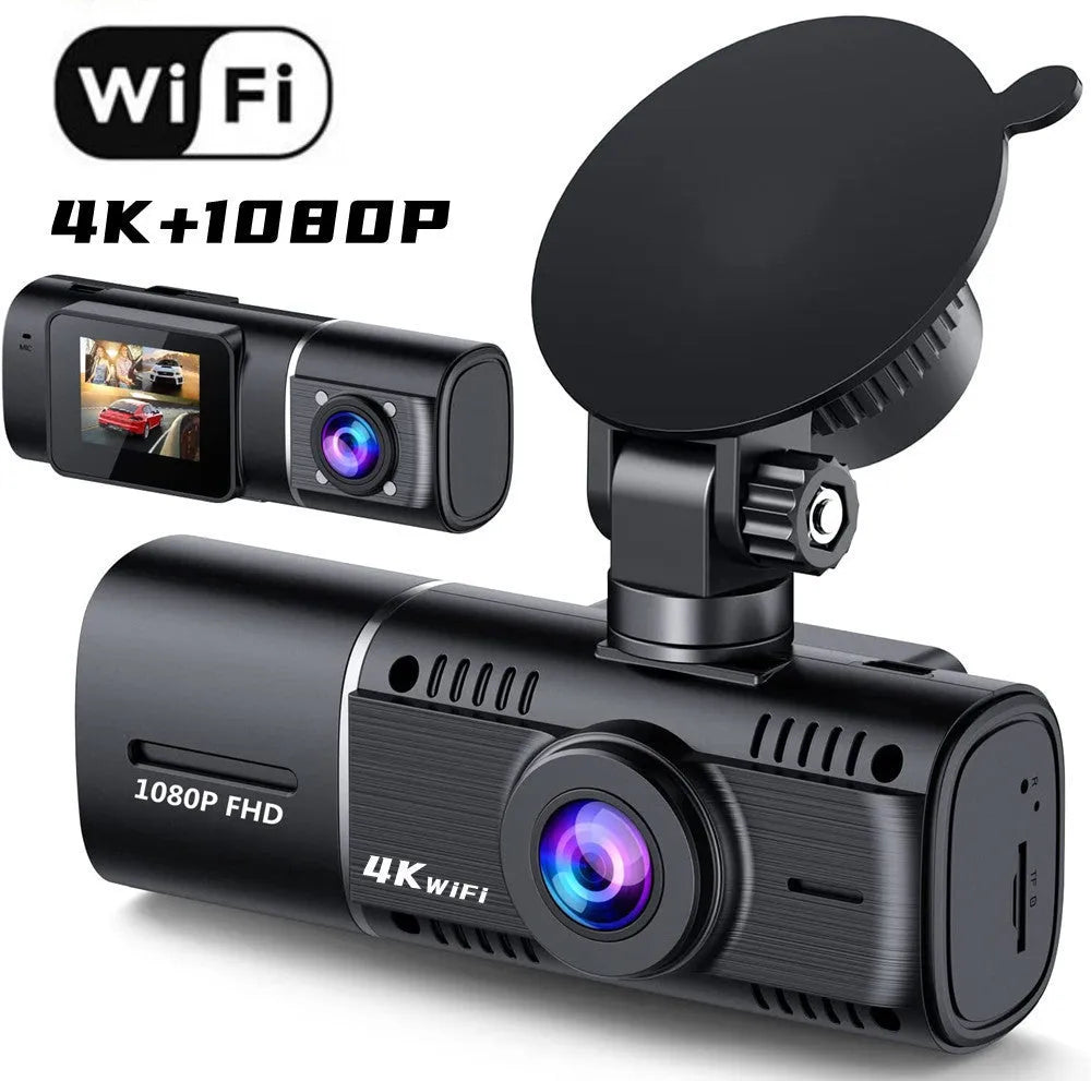 Black dashboard camera for car with 1.5-inch screen, shown with car charger and mounting stand.