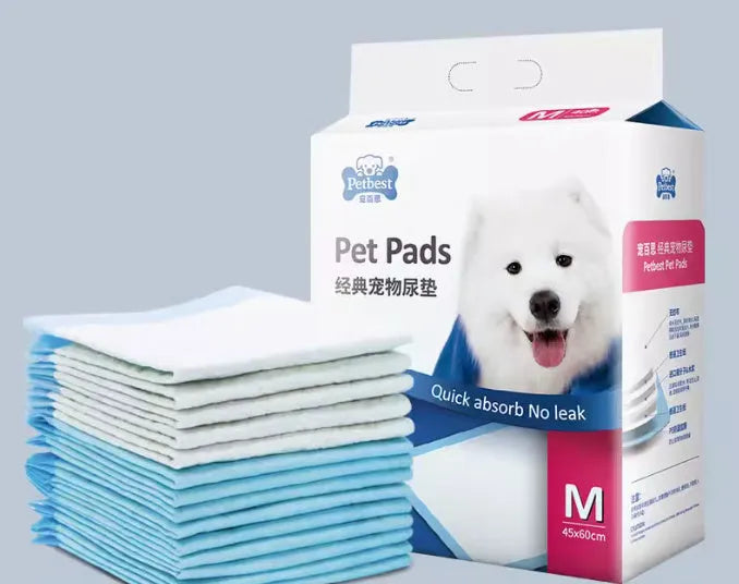 Pack of dog urine pads showing adhesive backing, bamboo charcoal variant, and size comparison