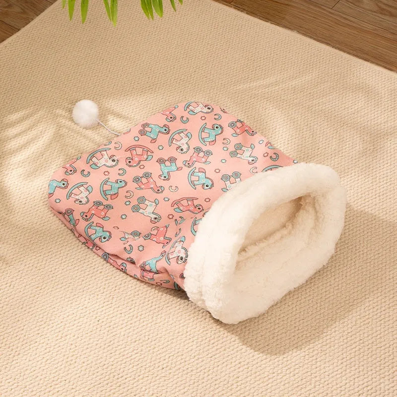 Flannel cat sleeping bag nest bed with print design, dimensions 50cm by 40cm