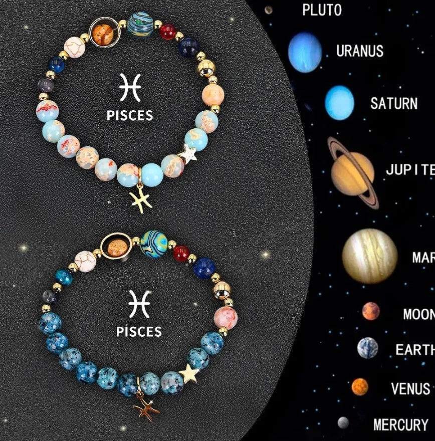 Natural stone bead bracelet set featuring all twelve zodiac signs with two bracelets per style