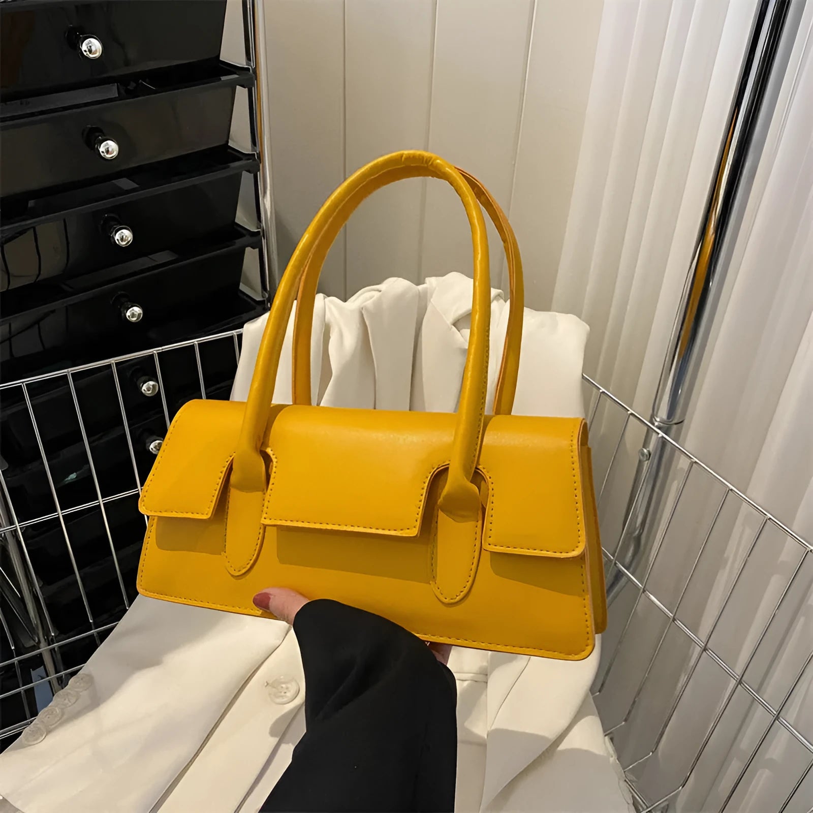 Women's retro style small square PU bag with single shoulder strap in black, brown, white, or yellow