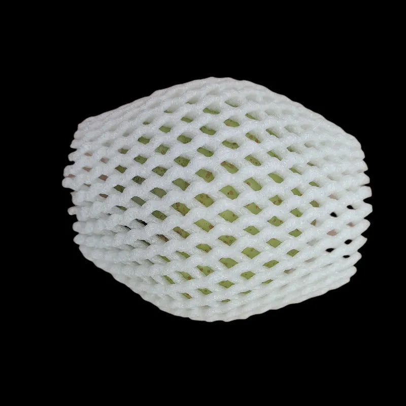 White foam net protective cover shown in various sizes for cushioning fruit and fragile items.