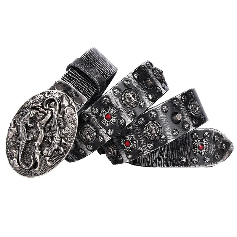 Men's black leather belt with punk-style rivets and a silver alloy buckle, laid flat showing length.