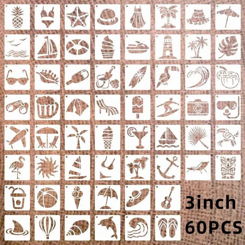 Milky white PET film stencils showing examples of 2-inch flower, animal, and letter designs.