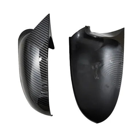 Volkswagen Sagitar exterior mirror housing shells in horn bright black plastic, pair shown