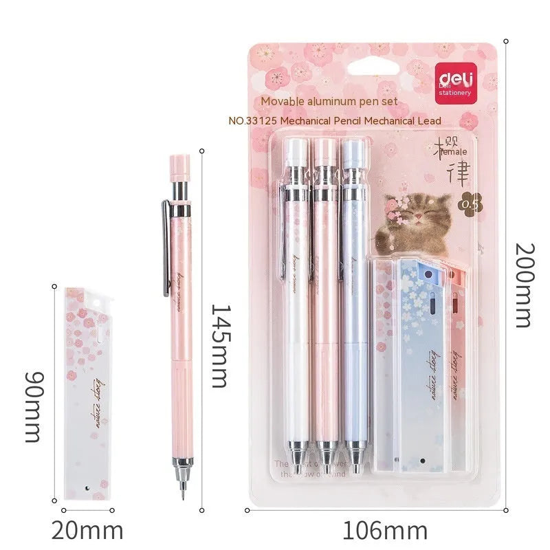 Sakura law style cartoon automatic pencil set with three pens and HB refills in mixed colours