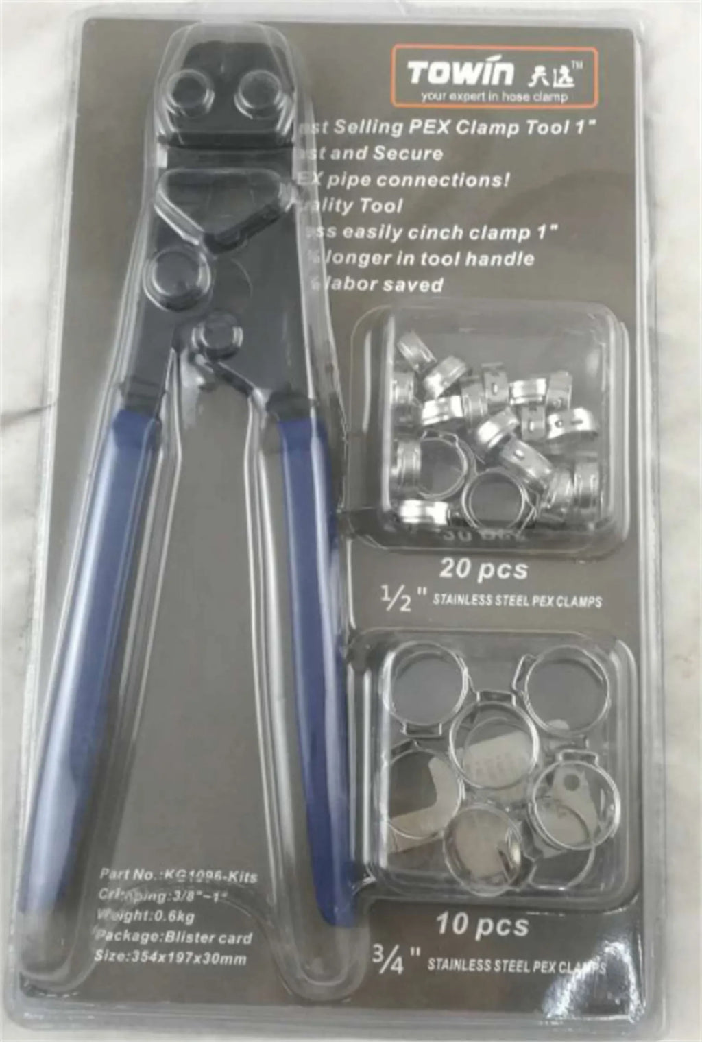 Red cloth pouch containing PEX clamp tool set with single ear clamp