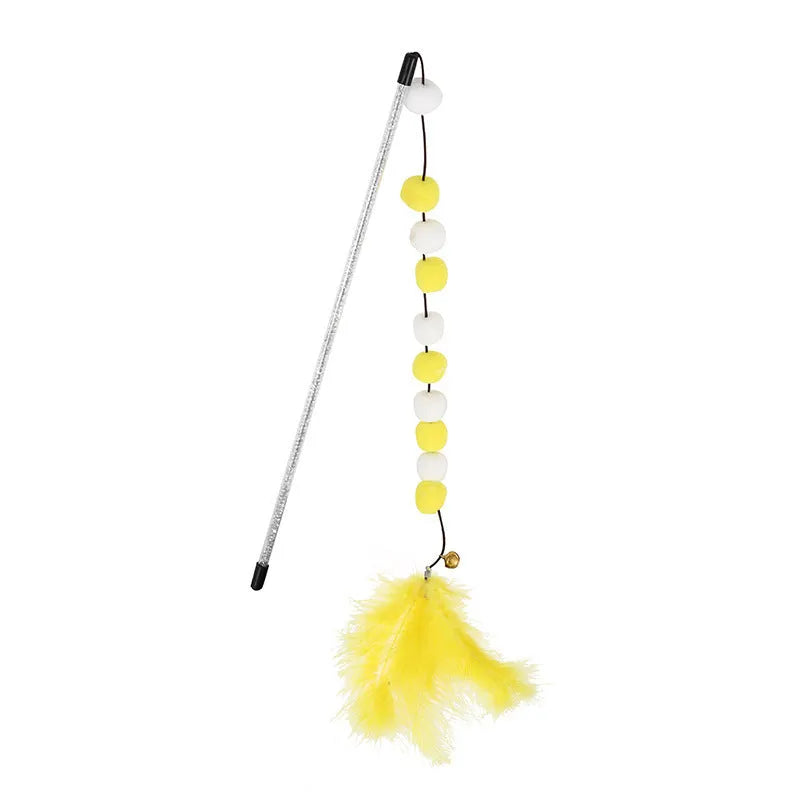 31cm acrylic cat teaser rod with bell and contrasting pompon feather in four colour options