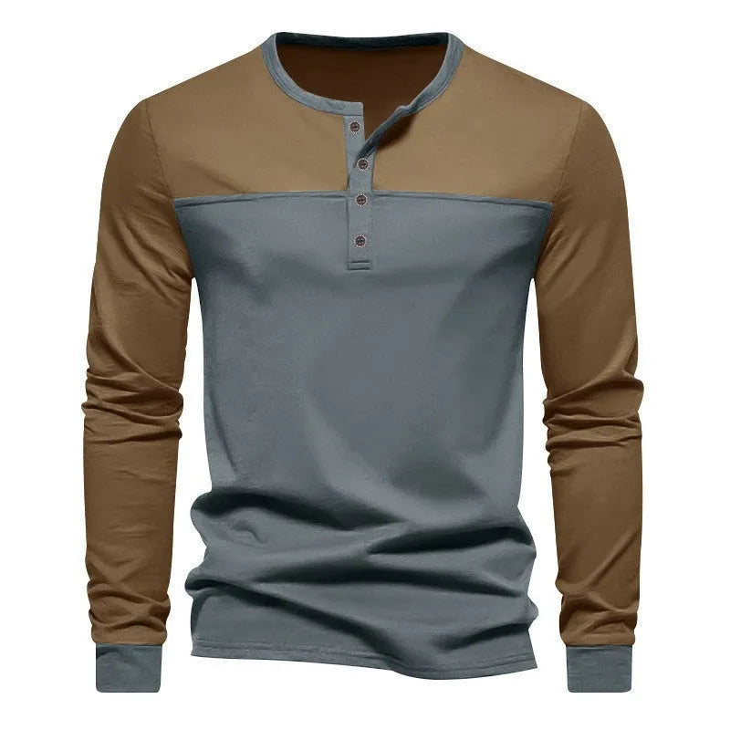 Men's long-sleeve Henley collar casual shirt in beaded twill polyester fabric