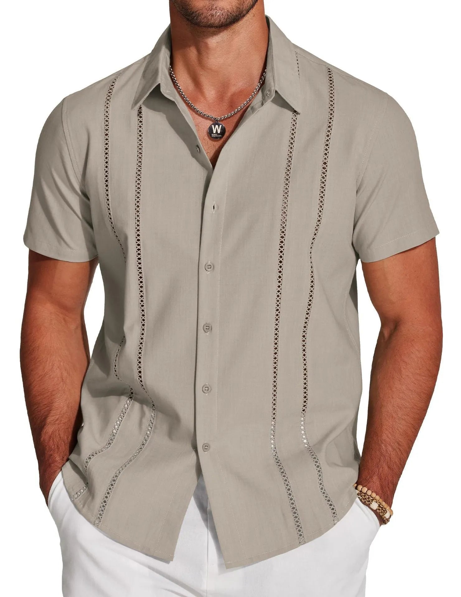 Men's slim fit short sleeve Hawaiian shirt with digital print pattern in stretch polyester fabric.