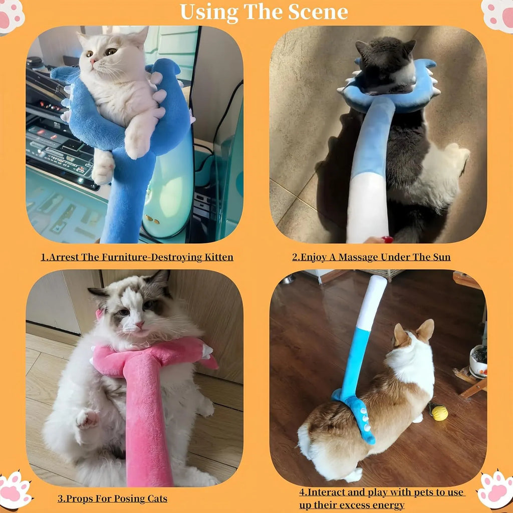 Blue plush cat wand toy with 70cm stick for interactive pet play
