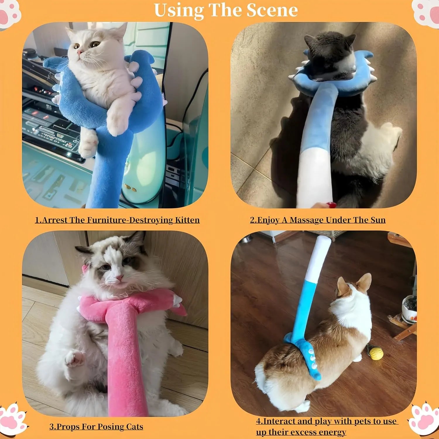 Blue plush cat wand toy with 70cm stick for interactive pet play