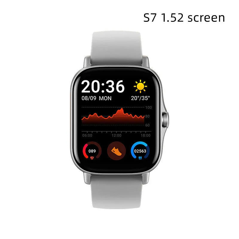 GT20 black smartwatch with silicone strap showing health stats on 1.75-inch screen