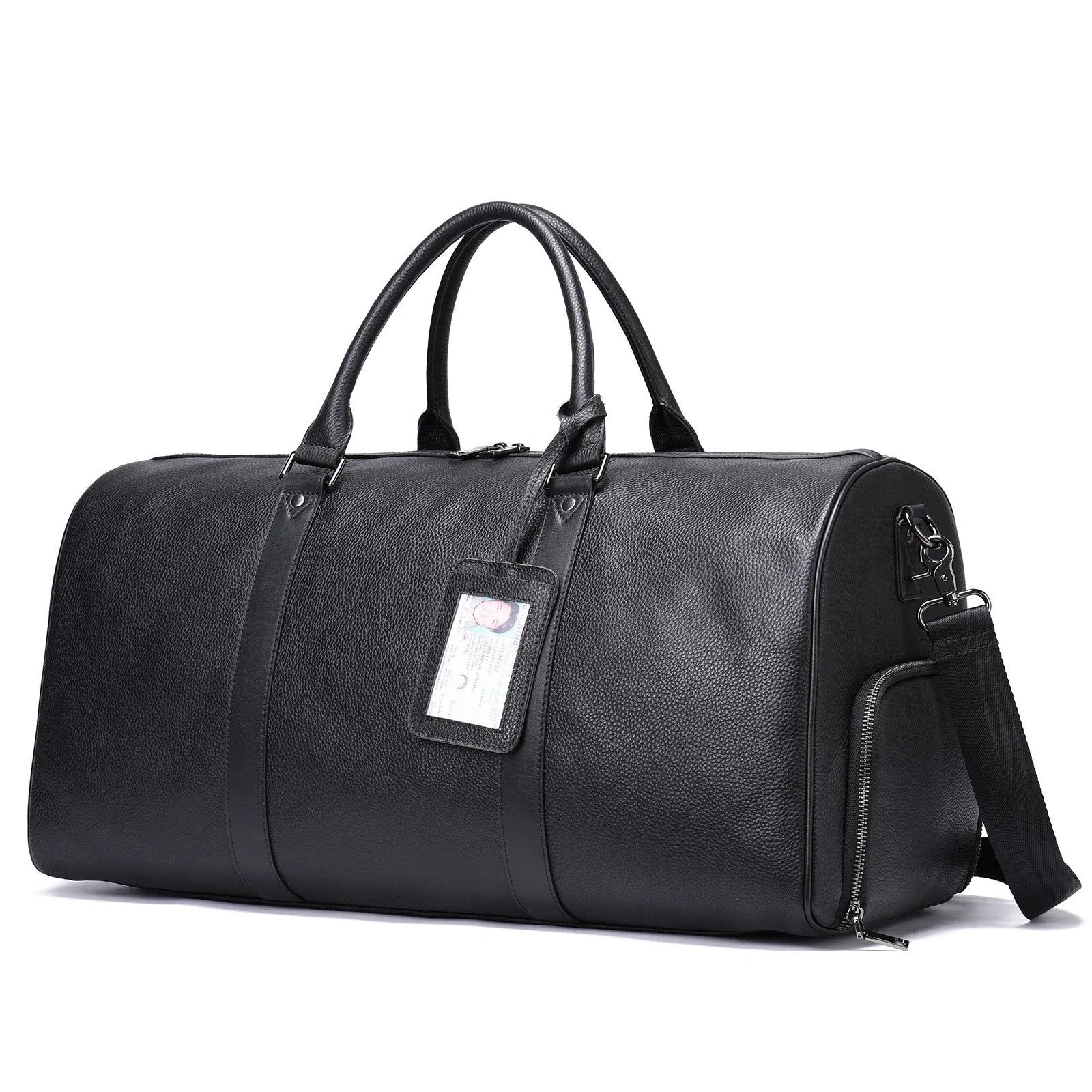 Men's black leather excursion tote bag with single strap showing 55cm large capacity dimensions