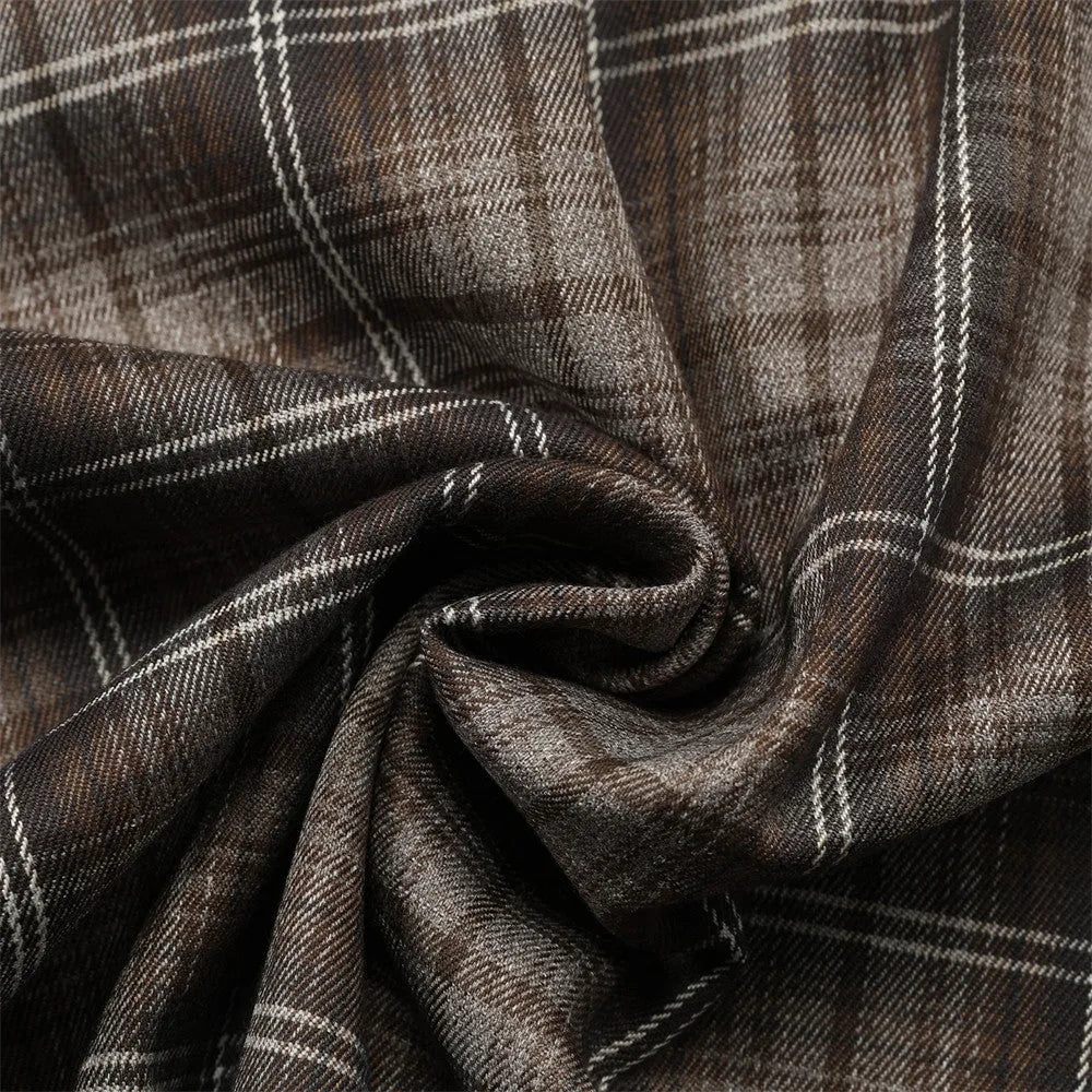 Men's black plaid shirt with embroidered letter design on chest, short sleeves, and lapel collar