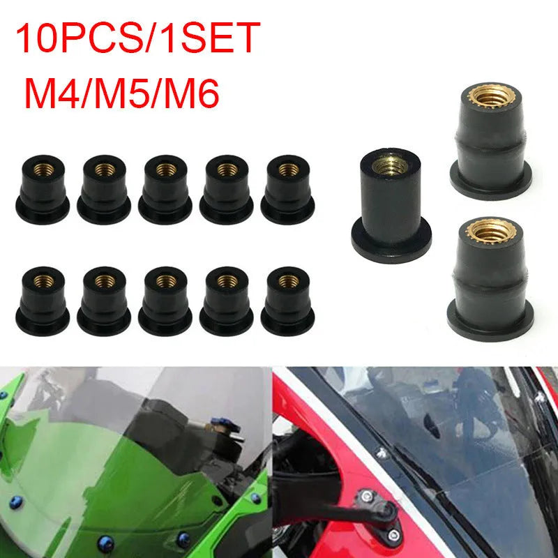 Black rubber expansion nuts with brass inserts for motorcycle windshield mounting in M4 M5 M6 sizes