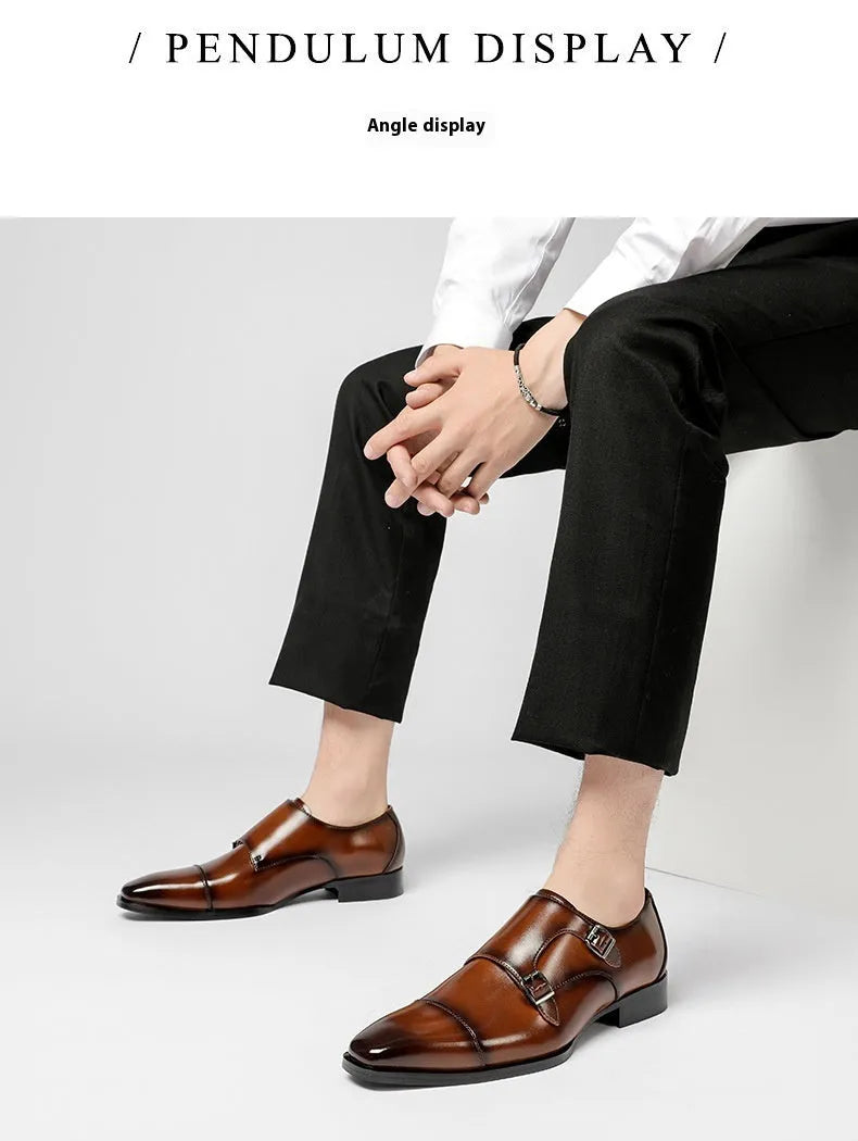 Men's British style leather business shoes with square toe design in black and light brown options