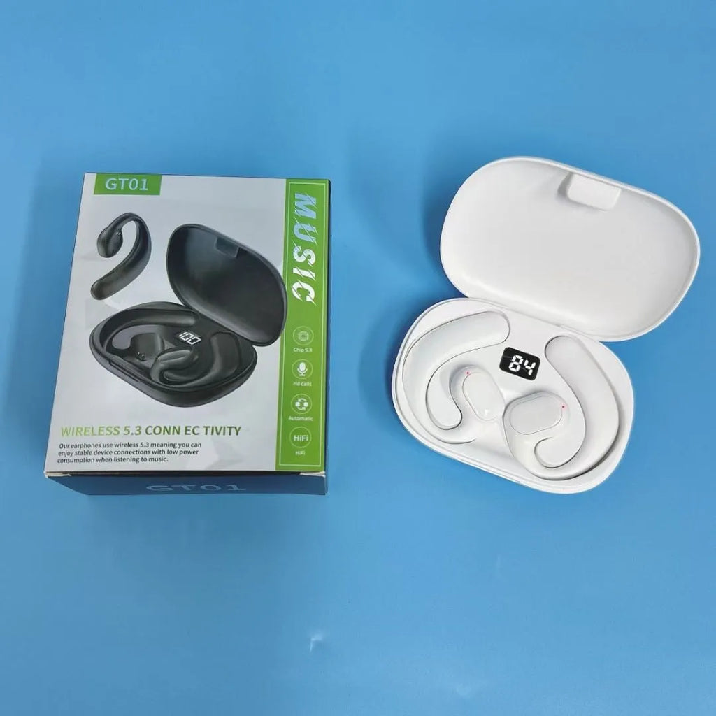 Black or white ear-mounted Bluetooth wireless headset with digital display screen