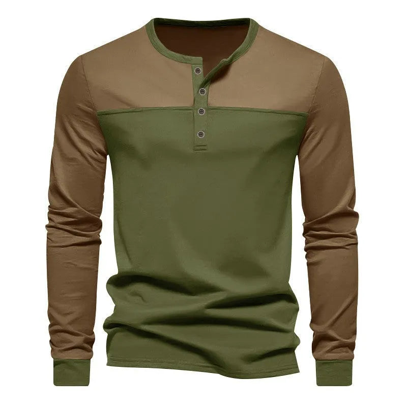Men's long-sleeve Henley collar casual shirt in beaded twill polyester fabric