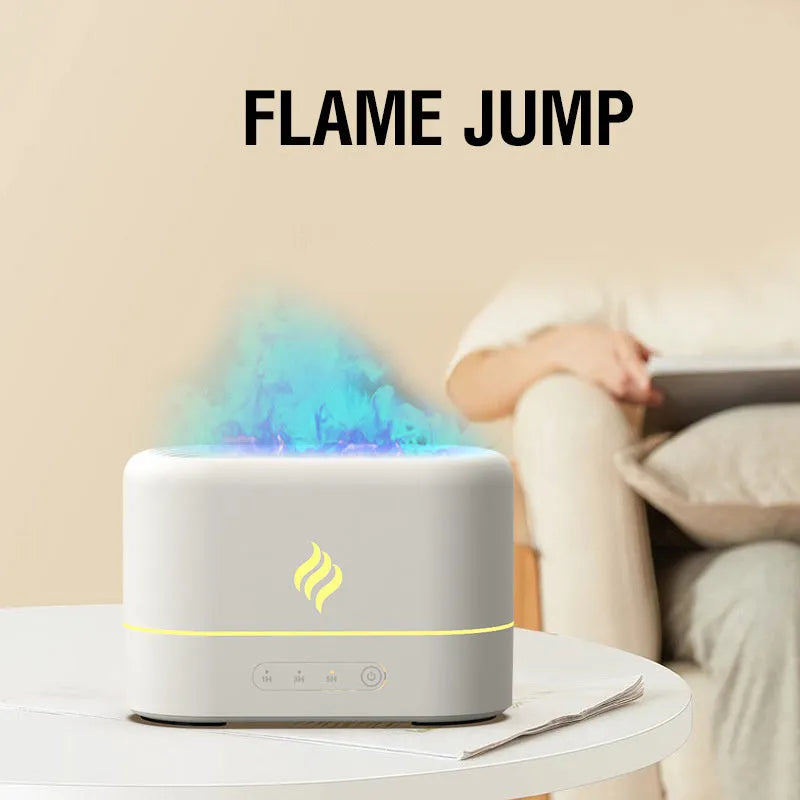 USB-powered aromatherapy humidifier with seven-colour flame LED effect in black or white
