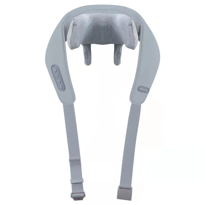 Grey elastic fabric covered neck and back massager with USB charging cable