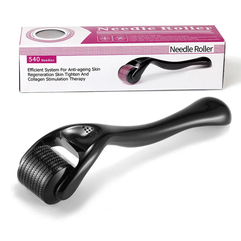 Derma roller with 540 titanium microneedles showing black and purple handle options