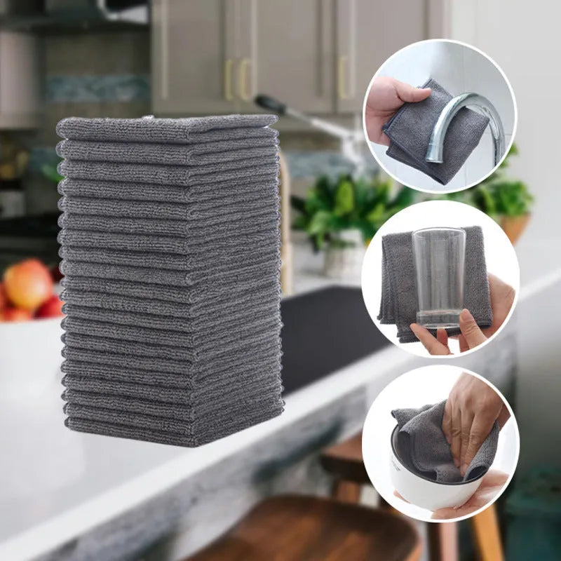 Grey microfiber kitchen cleaning cloth measuring 25cm square for oil and food residue removal