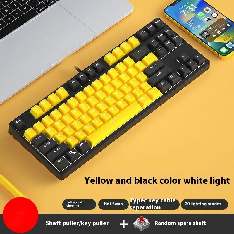 87-key wired mechanical keyboard with hot-swappable sockets showing colour options and included accessories
