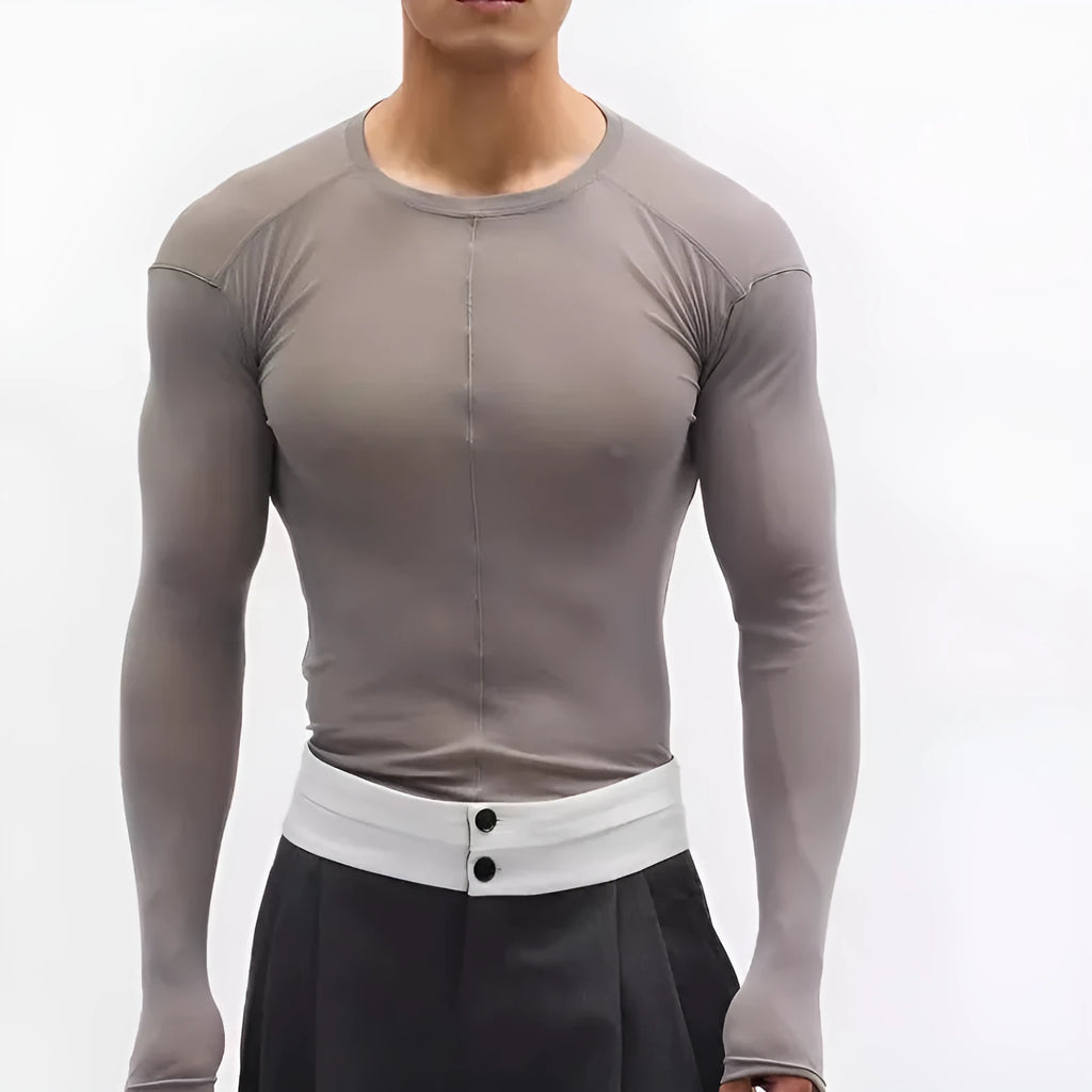 Black slim-fit mesh pullover with long sleeves and round neck