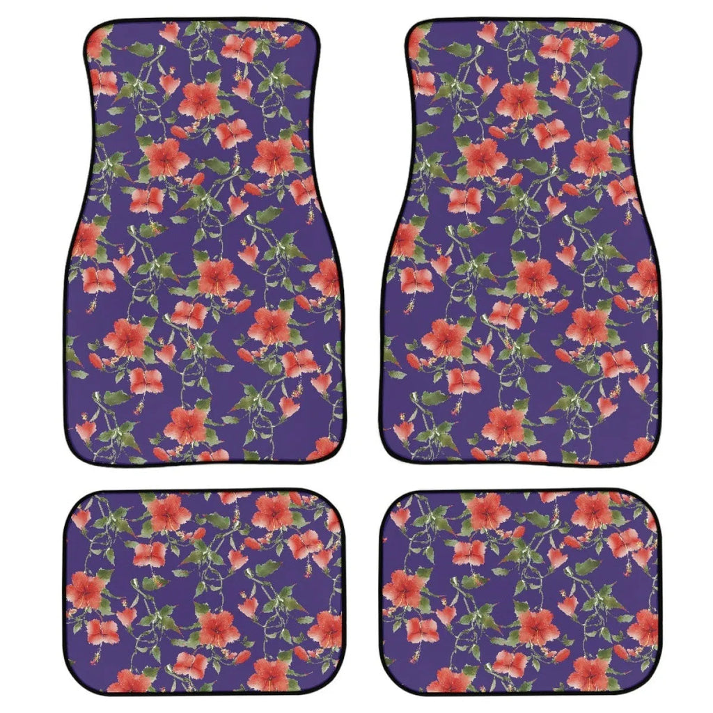 Black universal car rubber floor mat set, 4 pieces with printed pattern and 20mm thickness.