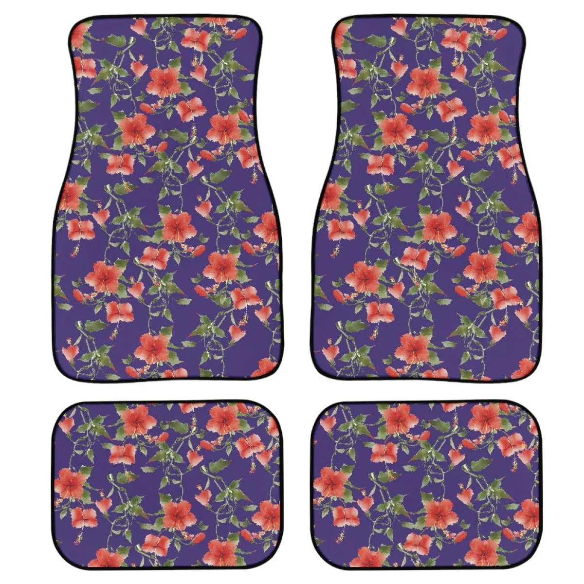Black universal car rubber floor mat set, 4 pieces with printed pattern and 20mm thickness.