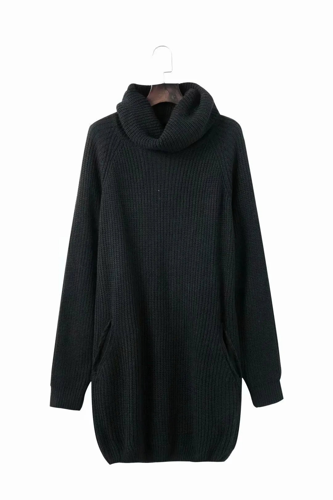 A mid-length apricot pullover sweater with a lapel neckline, loose fit, and side pockets on a hanger.