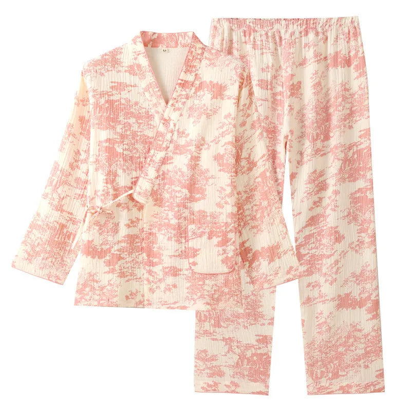 Women's cotton gauze lounge suit set with top and trousers in frosted pine tree colour