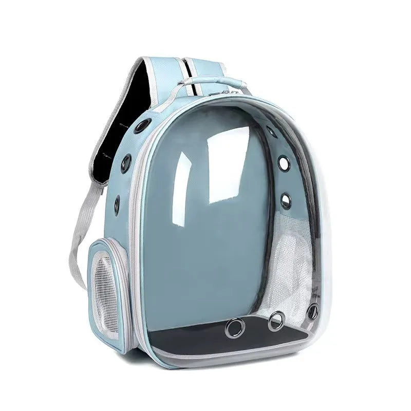 Grey astronaut-style structured cat carrier bag with a side-opening door
