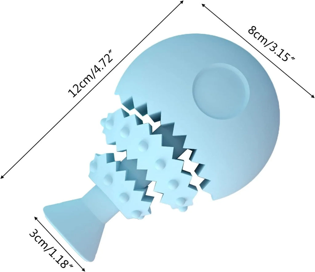 Blue fish bone shaped dog chew toy with textured surface and treat hole