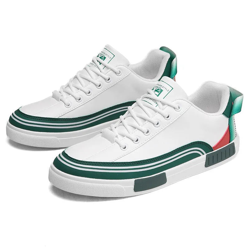 Men's beige, white and green canvas casual shoes with section mesh detail and round toe