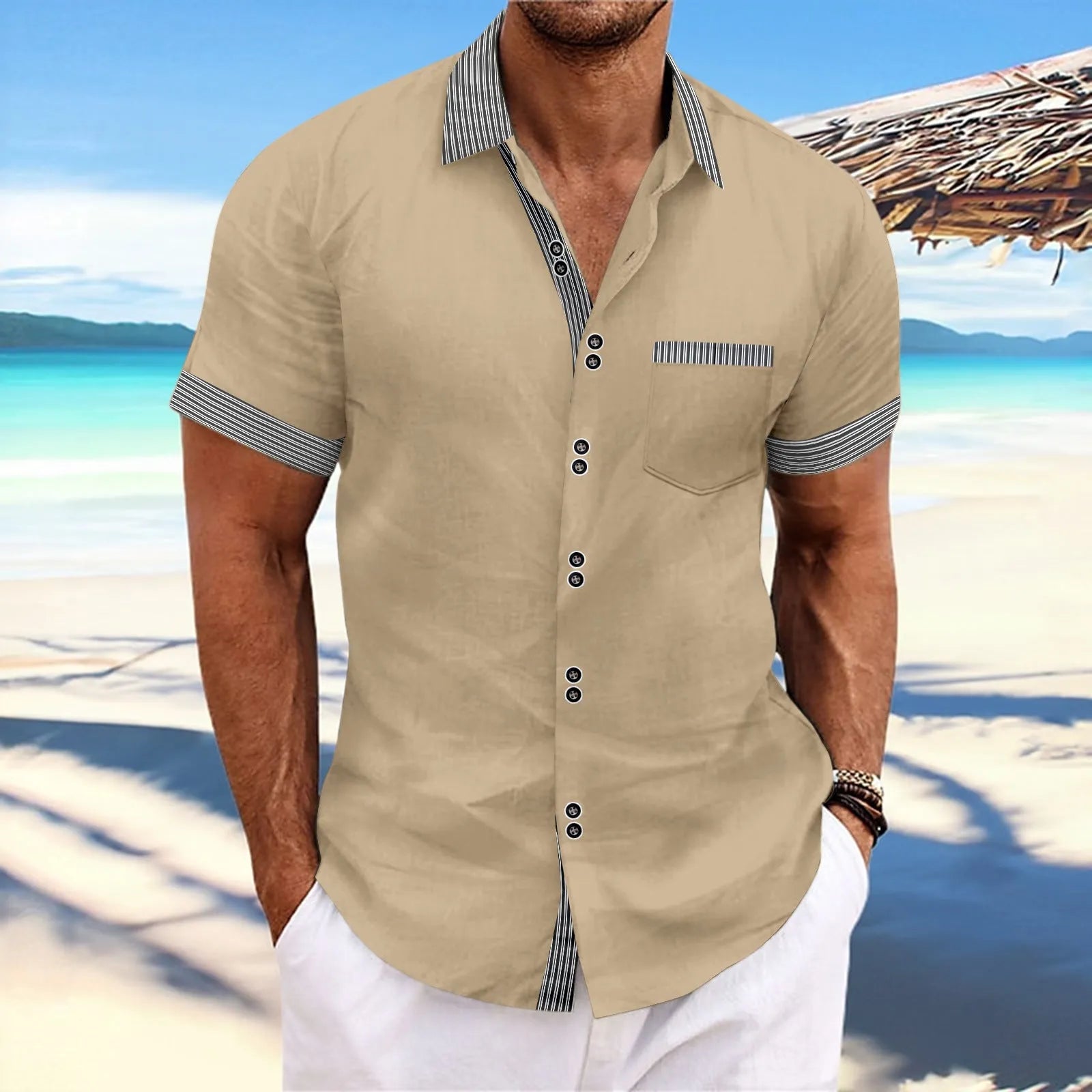 Man wearing a slim fit striped short sleeve cotton shirt with a double button front closure.