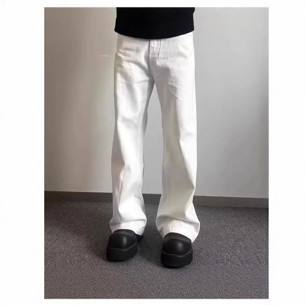 Men's white straight leg denim jeans with mid waist and zipper fly