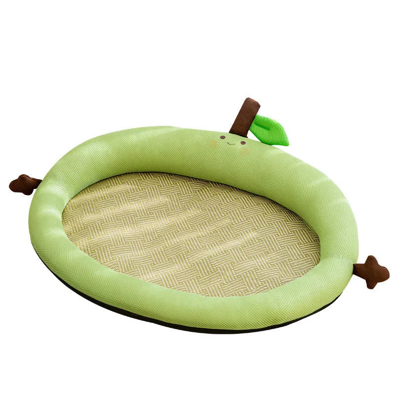 Fruit pattern pet cooling mat with backrest in green colour showing four size options