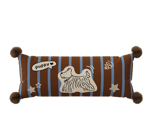 Cartoon animal print decorative cushion pillow on a sofa in blue, brown, or white.