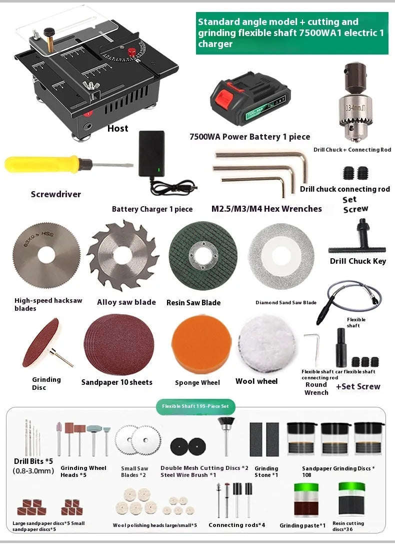 Cordless lithium-ion micro desktop saw with angle grinder design and five accessory attachments