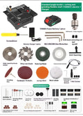 Cordless lithium-ion micro desktop saw with angle grinder design and five accessory attachments