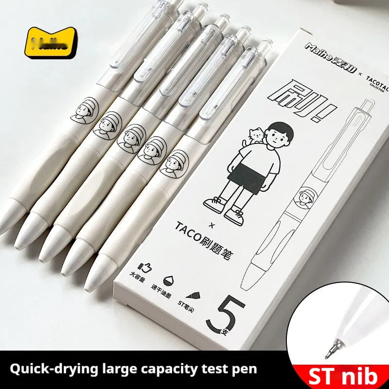 Five neutral black ballpoint pens with 0.5mm tips for student exam and writing use