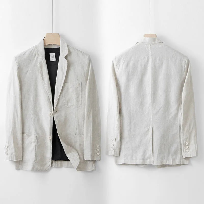 Men's loose-fit linen casual blazer jacket shown in available colours: white, black, natural linen, sky blue, and navy blue.