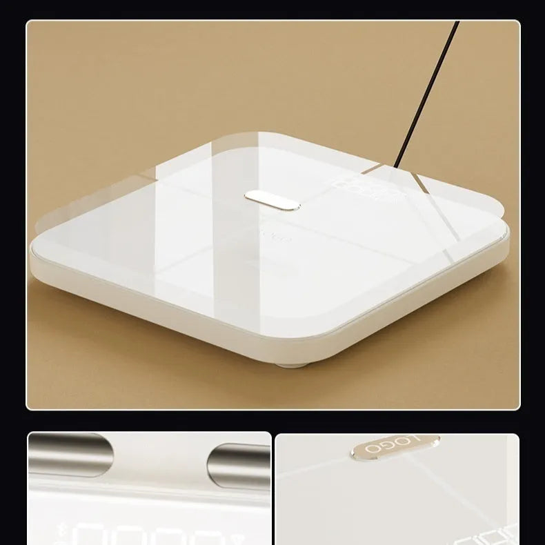 White professional body fat scale with 8 electrodes and tempered glass platform, showing LED display.