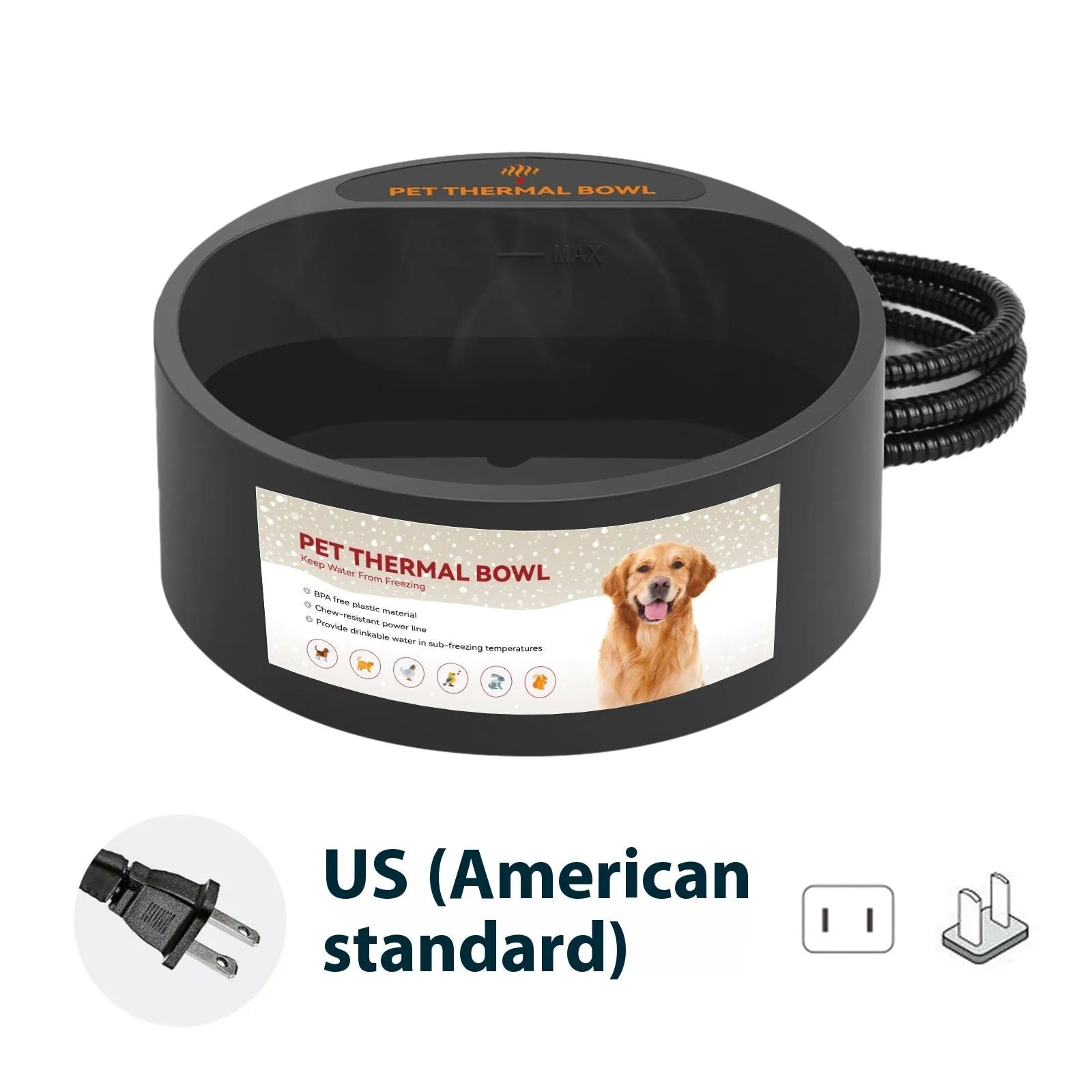 Black ABS plastic pet heating bowl with constant temperature function for cats and dogs