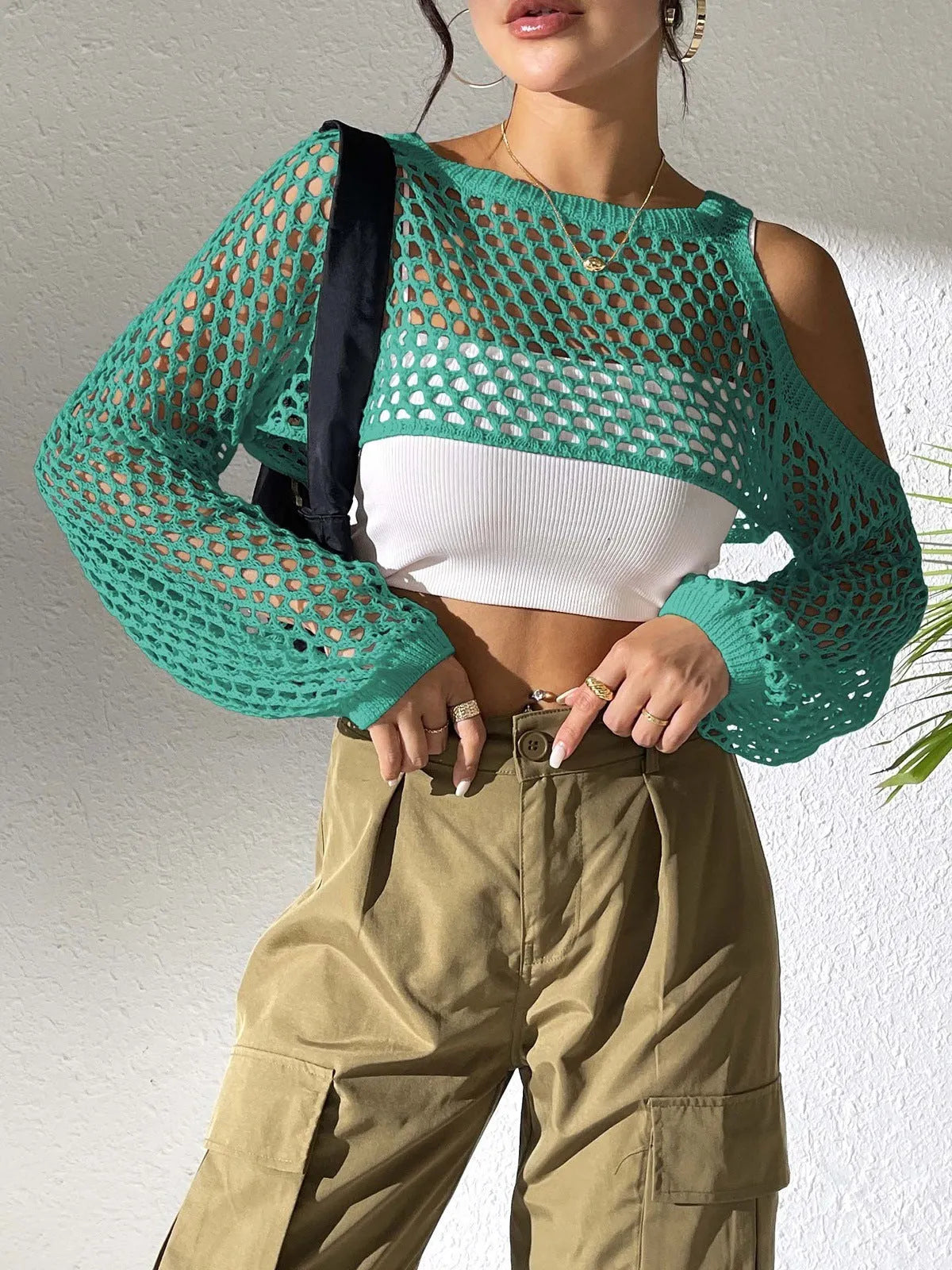 Sexy hollowed navel design mesh beach shirt shown in multiple colours including white, black, and army green.